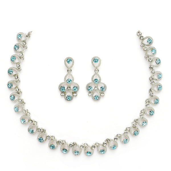 Rhodium Plated Silver Toned Teardrop Shaped Blue Cubic Zirconia Studded Jewellery Set