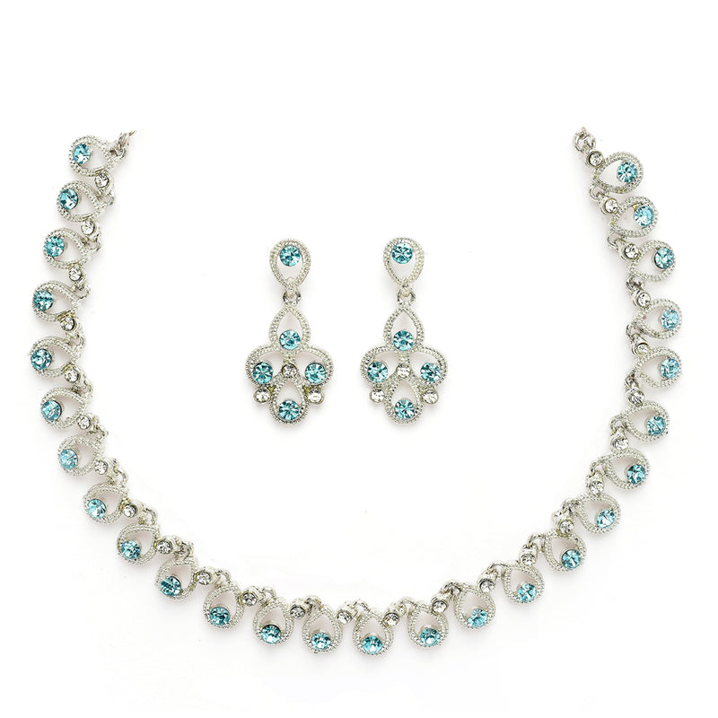 Rhodium Plated Silver Toned Teardrop Shaped Blue Cubic Zirconia Studded Jewellery Set