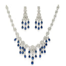 Rhodium Plated Silver Toned Teardrop Shaped Blue & White American Diamond Studded Jewellery Set