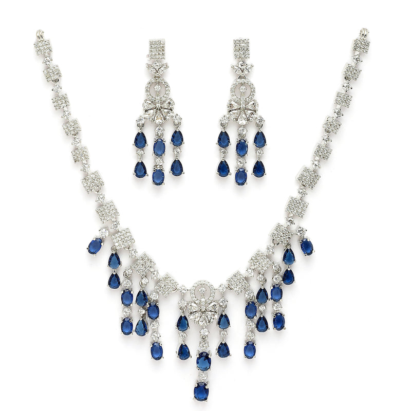 Rhodium Plated Silver Toned Teardrop Shaped Blue & White American Diamond Studded Jewellery Set