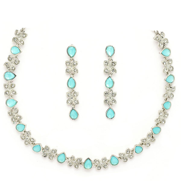 Rhodium Plated Silver Toned Butterfly Shaped Blue Cubic Zirconia Studded Jewellery Set