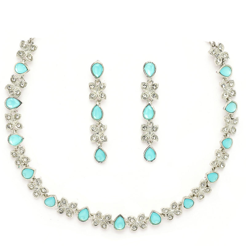 Rhodium Plated Silver Toned Butterfly Shaped Blue Cubic Zirconia Studded Jewellery Set