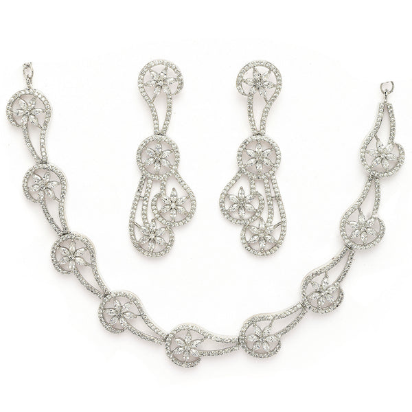 Rhodium Plated Silver Toned Floral Shaped White American Diamond Studded Jewellery Set