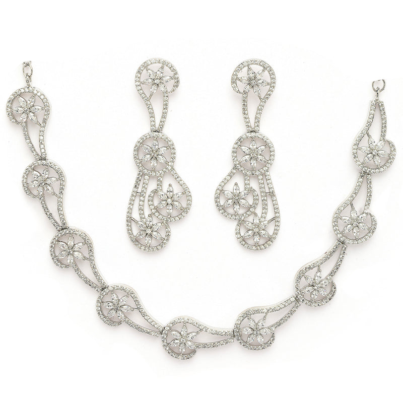 Rhodium Plated Silver Toned Floral Shaped White American Diamond Studded Jewellery Set