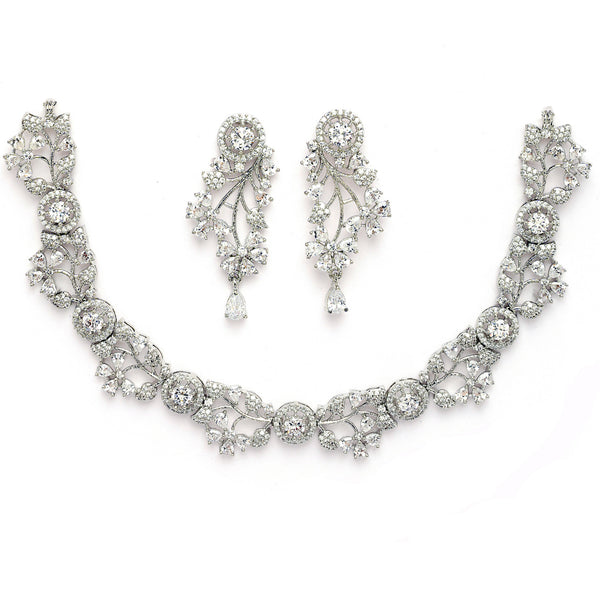 Rhodium Plated Silver Toned Leaf Shaped White American Diamond Studded Jewellery Set