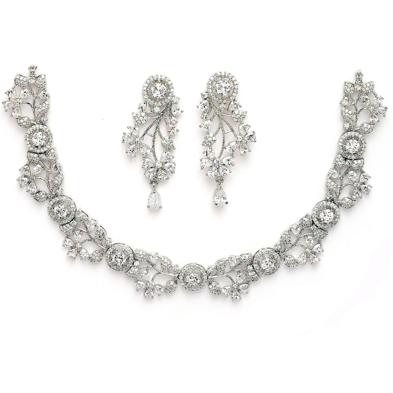 Rhodium Plated Silver Toned Leaf Shaped White American Diamond Studded Jewellery Set