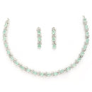 Rhodium Plated Silver Toned Teardrop Shaped Sea Green & White American Diamond Studded Jewellery Set