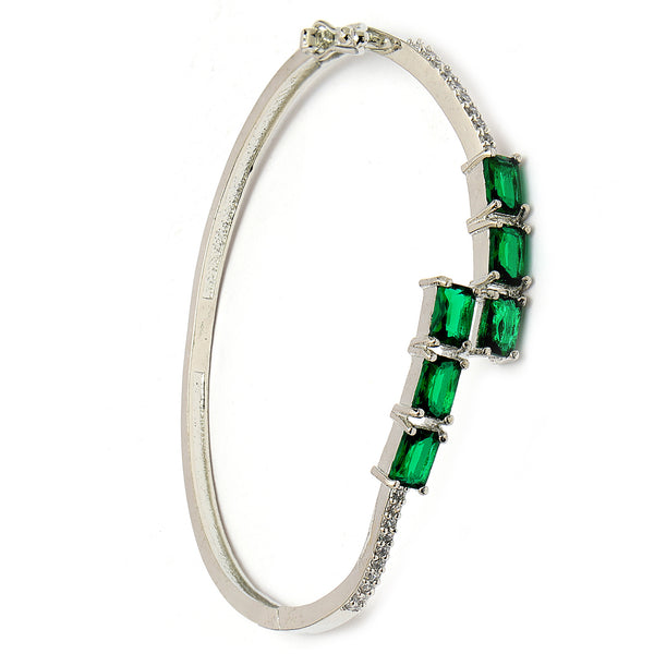 Rhodium Plated Silver Toned Green Baguette Cut American Diamond Studded Cuff Bracelet