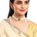 Gold-Plated Green Stone-Studded & Pearl Beaded Jewellery Set Combo