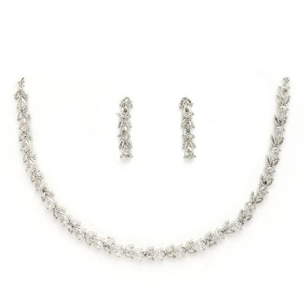 Rhodium Plated Silver Toned Teardrop Shaped White American Diamond Studded Jewellery Set