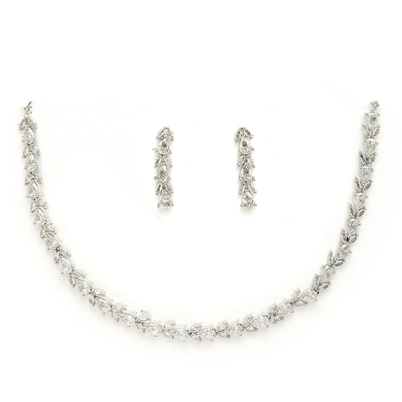 Rhodium Plated Silver Toned Teardrop Shaped White American Diamond Studded Jewellery Set