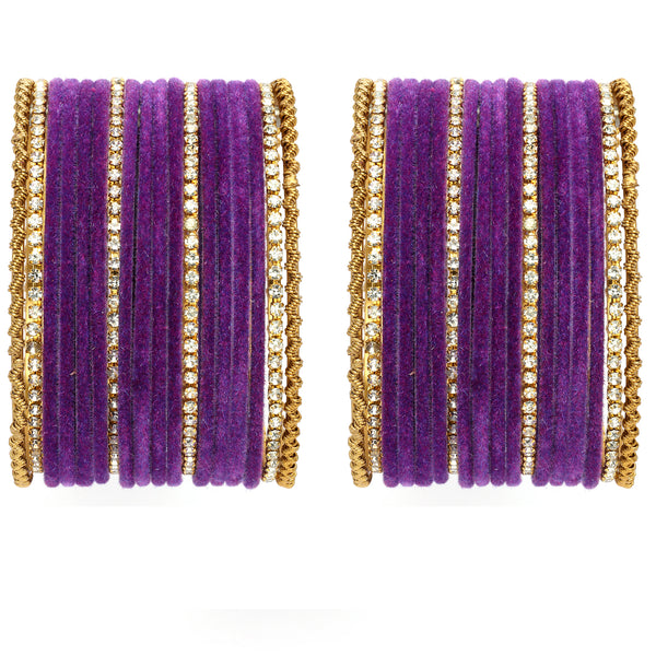 Gold-Plated Matte Finish Purple Velvet Cz Studded Bangles Set Of 36
