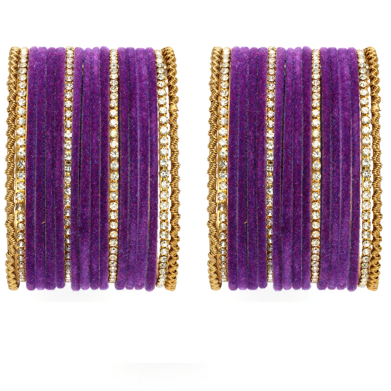 Gold-Plated Matte Finish Purple Velvet Cz Studded Bangles Set Of 36