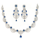 Rhodium Plated Silver Toned Crescent Shaped Blue & White American Diamond Studded Necklace With Earrings Jewellery Set