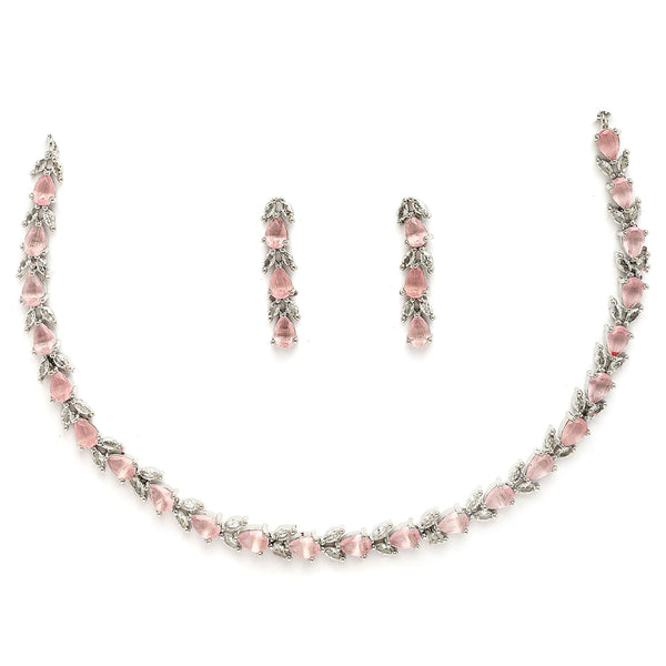 Rhodium Plated Silver Toned Teardrop Shaped Pink & White American Diamond Studded Jewellery Set