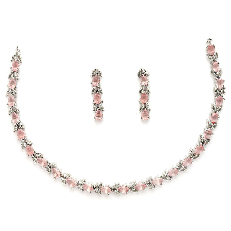 Rhodium Plated Silver Toned Teardrop Shaped Pink & White American Diamond Studded Jewellery Set