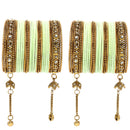 Gold-Plated Pastel Green Matte Finish Velvet Cz Studded Tasselled Bangles Set Of 56