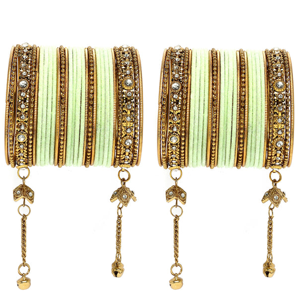 Gold-Plated Pastel Green Matte Finish Velvet Cz Studded Tasselled Bangles Set Of 56