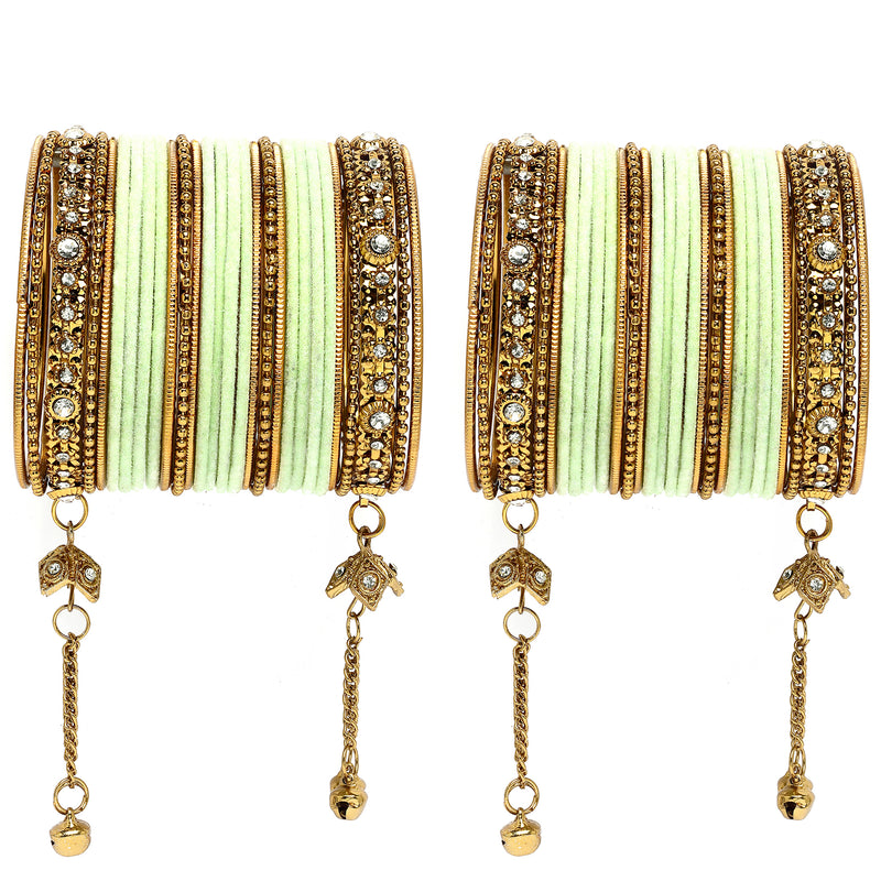 Gold-Plated Pastel Green Matte Finish Velvet Cz Studded Tasselled Bangles Set Of 56