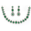 Rhodium Plated Silver Toned Teardrop Shaped Green & White American Diamond Studded Jewellery Set