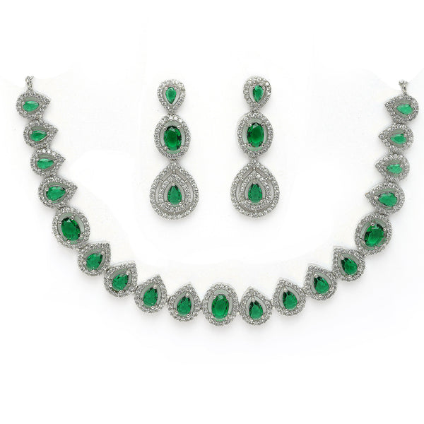 Rhodium Plated Silver Toned Teardrop Shaped Green & White American Diamond Studded Jewellery Set