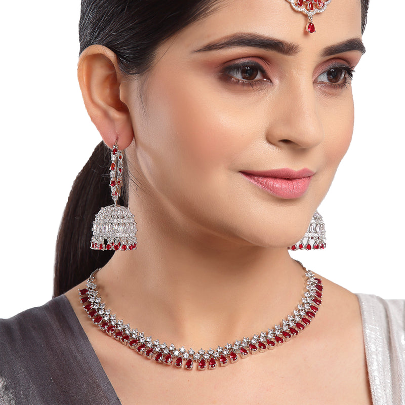 Rhodium-Plated with Silver-Tone & Red American Diamond Stone-Studded Jewellery Set Combo