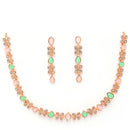 Rose Gold Plated Butterfly Shaped Pink & Mint Green Cubic Zirconia Studded Jewellery Set