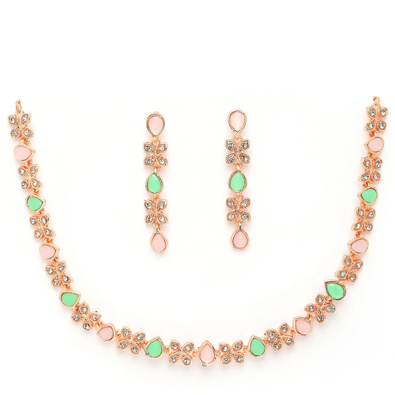 Rose Gold Plated Butterfly Shaped Pink & Mint Green Cubic Zirconia Studded Jewellery Set