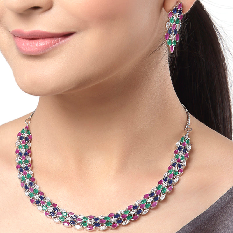 Rhodium-Plated with Silver-Tone Pink Blue White & Green American Diamond Studded Jewellery Set