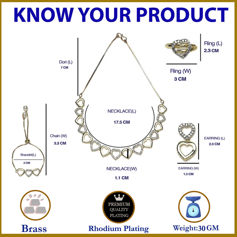 Gold-Plated Dual Toned White American Diamond Studded Heart Shaped Jewellery Set