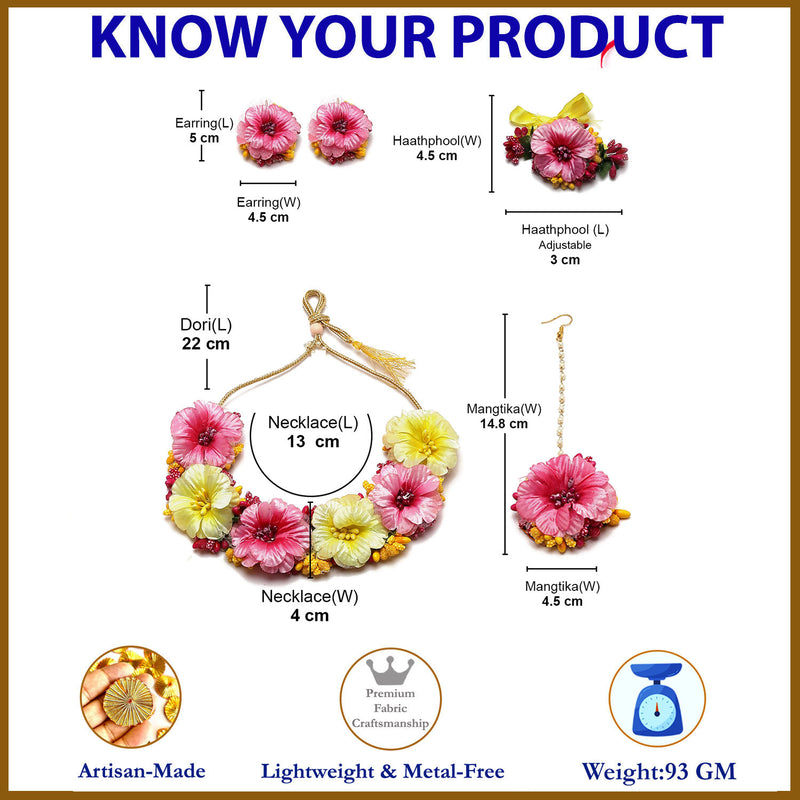 Gold-Plated Pink-Yellow Floral White Pearls Beaded Haldi & Mehendi Jewellery Set with Maang Tikka & Haathphool
