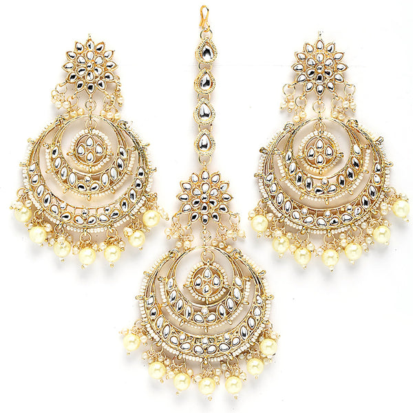 Gold Plated White Pearls Beaded Chand Bali Maang Tikka with Earring Set