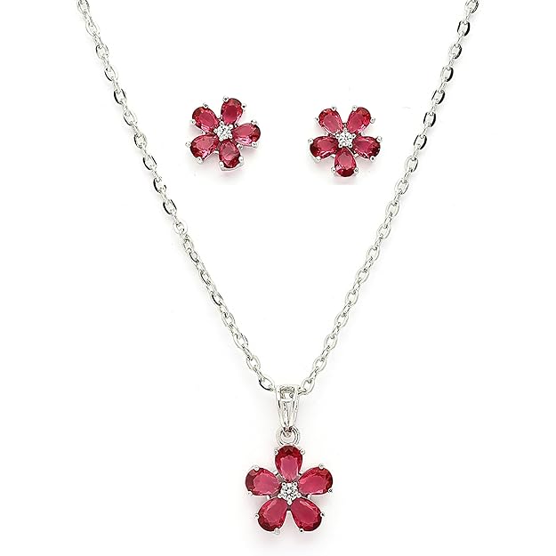 Rhodium Plated Silver Toned Red And White American Diamond Studded Floral Shaped Pendant Set