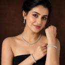 ZENEME Rhodium Plated White American Diamond Crystal Leaf Vine Necklace Set with Earrings & Set of 2 Bangles for Women & Girls