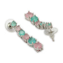 ZENEME Rhodium Plated Pink & Green American Diamond Pastel Square-Cut Tennis Line Necklace Set with Earrings & Set of 2 Bangles for Women & Girls