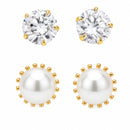 Gold Plated Pearl & Crystal Charm Stud Earrings Set of 2 Pairs for Women & Girls