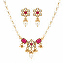 ZENEME Gold Plated AD Kundan Floral Ghungroo Pearl Drop Necklace with Matching Earring Jewellery Set For Women & Girls Gold Toned Necklace Set For Woman