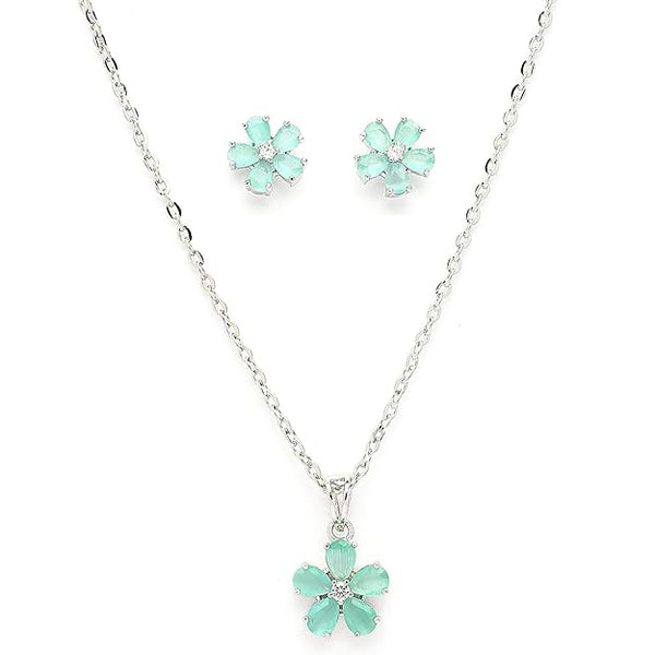 Rhodium Plated Silver Toned  Sea Green And White American Diamond Studded Floral Shaped Pendant set