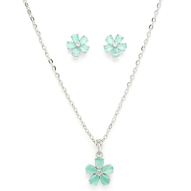 Rhodium Plated Silver Toned  Sea Green And White American Diamond Studded Floral Shaped Pendant set