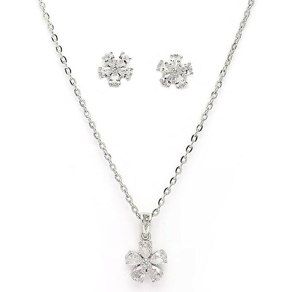 Rhodium Plated Silver Toned White American Diamond Studded Floral Shaped Pendant set