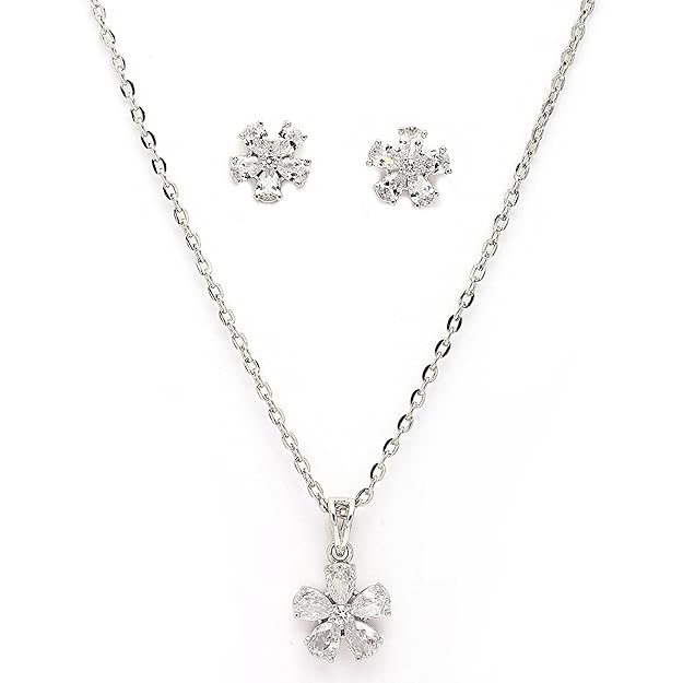 Rhodium Plated Silver Toned White American Diamond Studded Floral Shaped Pendant set
