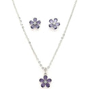 Rhodium Plated Silver Toned Purple And White American Diamond Studded Floral Shaped Pendant set