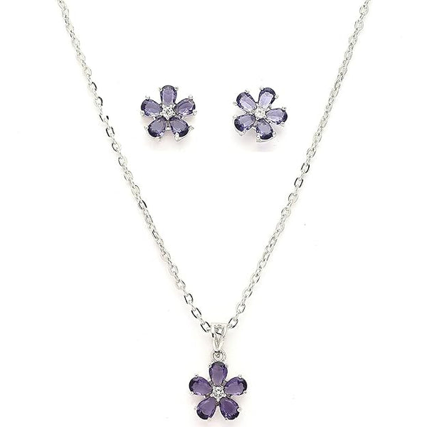 Rhodium Plated Silver Toned Purple And White American Diamond Studded Floral Shaped Pendant set