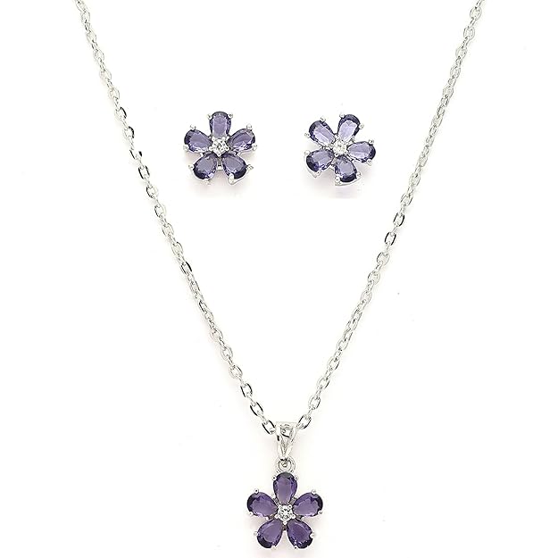 Rhodium Plated Silver Toned Purple And White American Diamond Studded Floral Shaped Pendant set