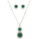 Rhodium Plated Silver Toned Green And White American Diamond Studded Square Shaped Pendant Set