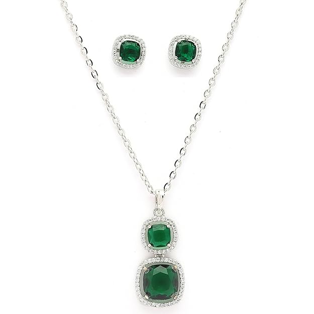 Rhodium Plated Silver Toned Green And White American Diamond Studded Square Shaped Pendant Set