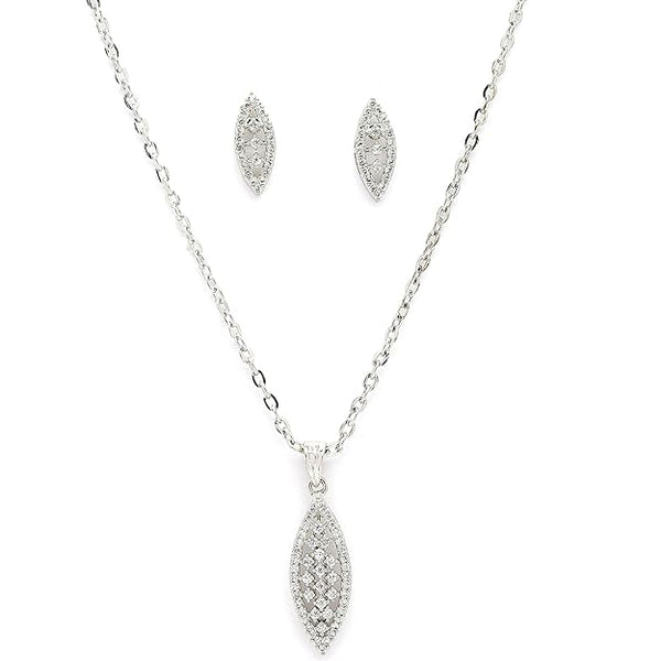 Rhodium Plated Silver Toned White Cubic Zirconia Studded Leaf Shaped Pendant Set