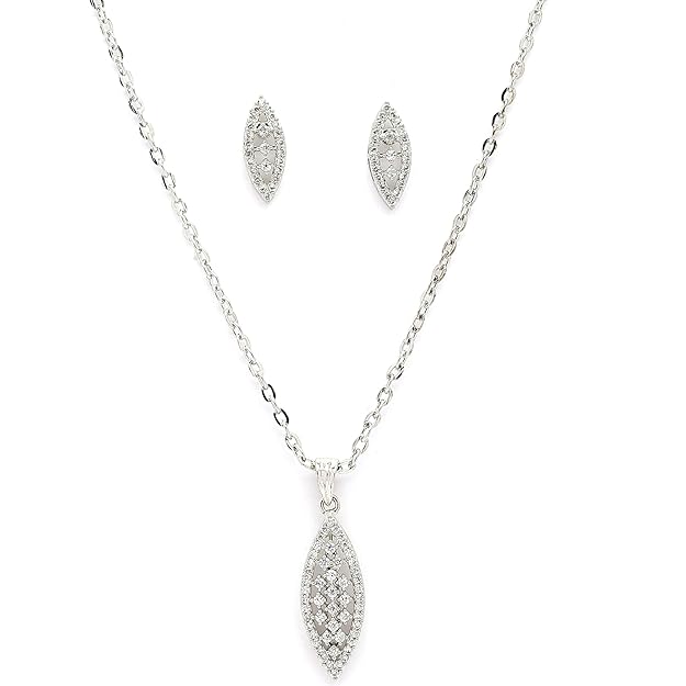 Rhodium Plated Silver Toned White Cubic Zirconia Studded Leaf Shaped Pendant Set