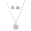 Rhodium Plated Silver Toned White Cubic Zirconia Studded Floral Shaped Pendant Set