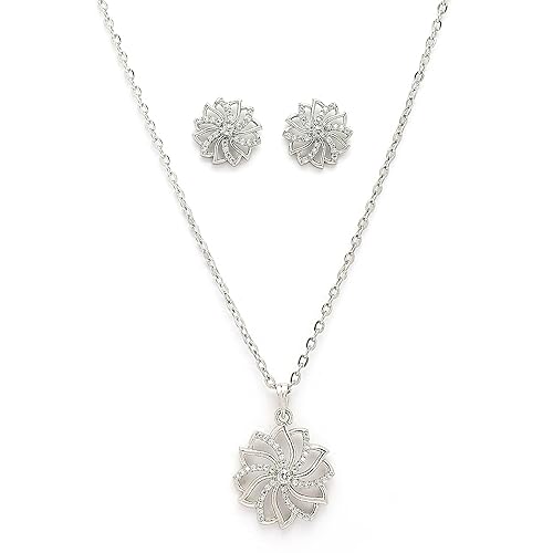 Rhodium Plated Silver Toned White Cubic Zirconia Studded Floral Shaped Pendant Set